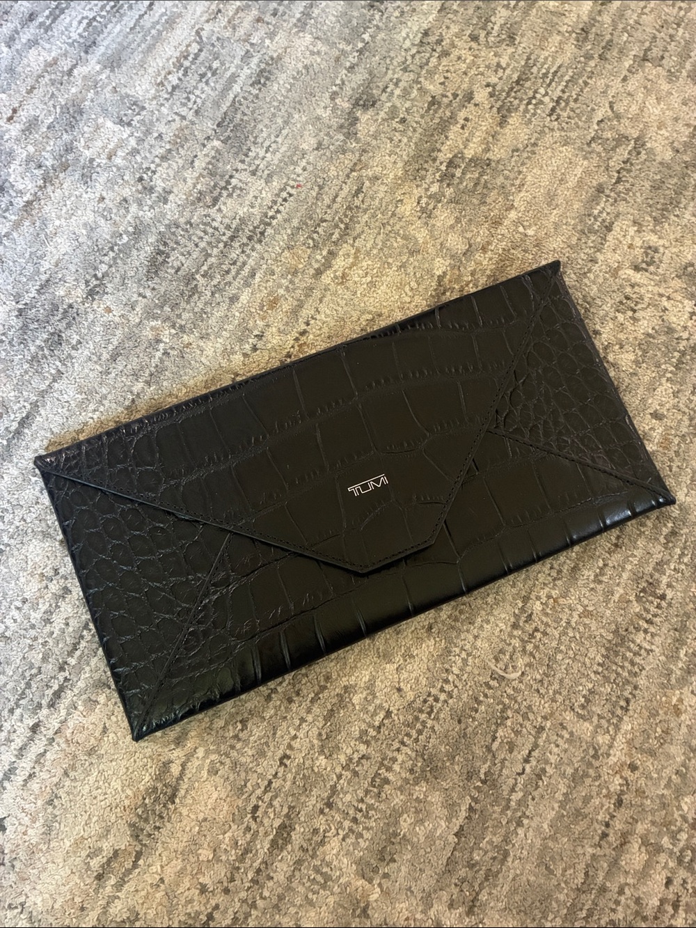 Tumi Black Croc-Embossed Envelope Wristlet Clutch